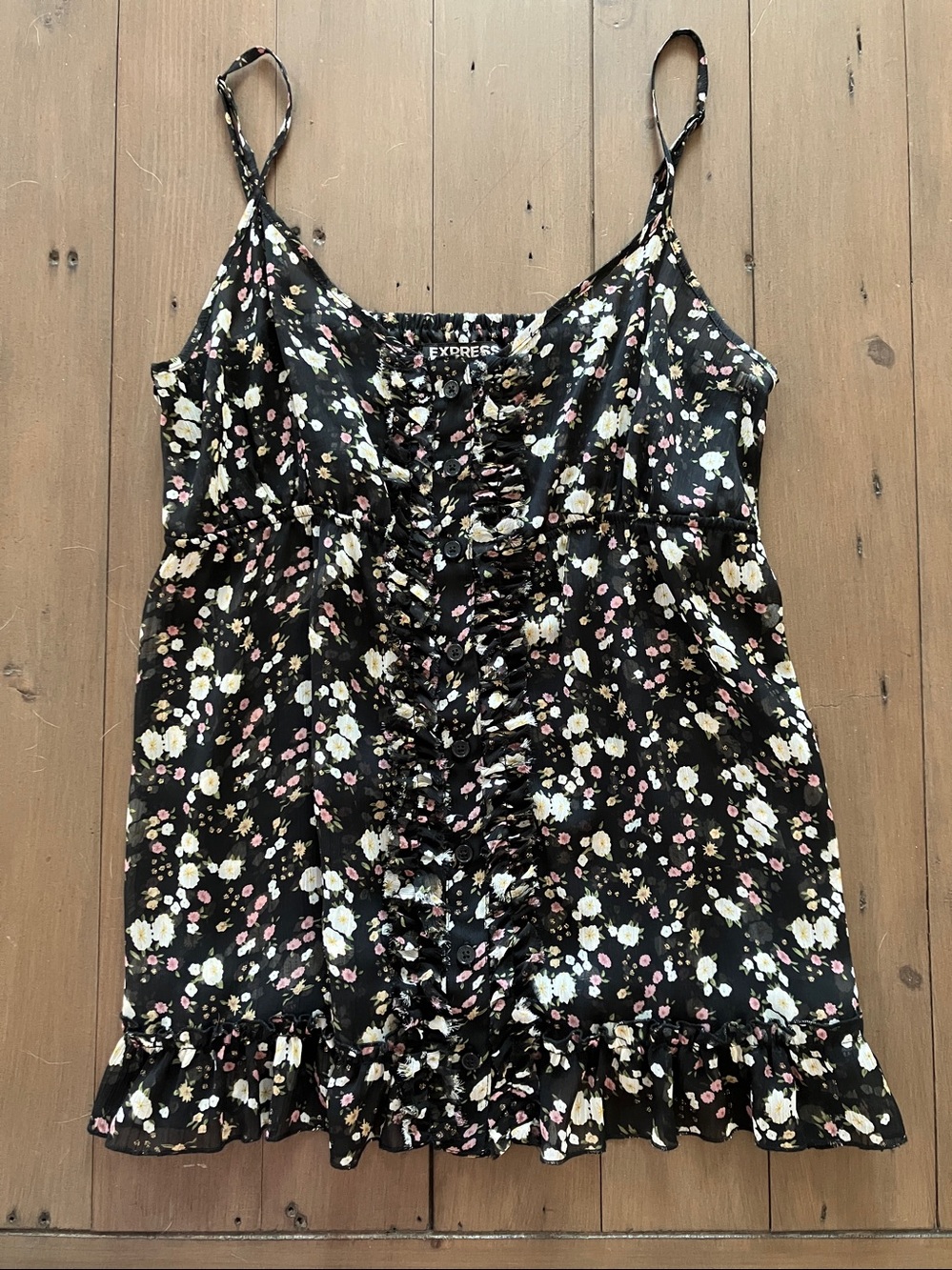 Express Black Floral Ruffle Button-Front Camisole